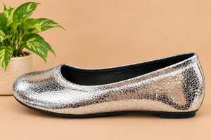NWT No Brand Women's Silver Metallic Crackle Ballet Flats Slip-On Shoes, Size 37